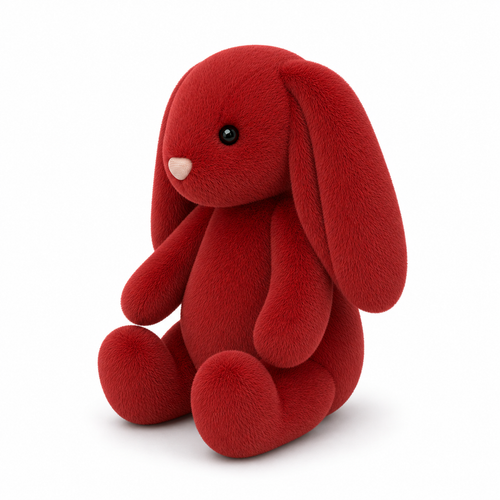 Peluche lapin Flocon rouge assise vue de trois-quarts