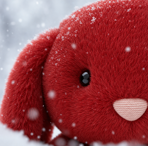 Gros plan fourrure rouge peluche lapin Flocon sous la neige