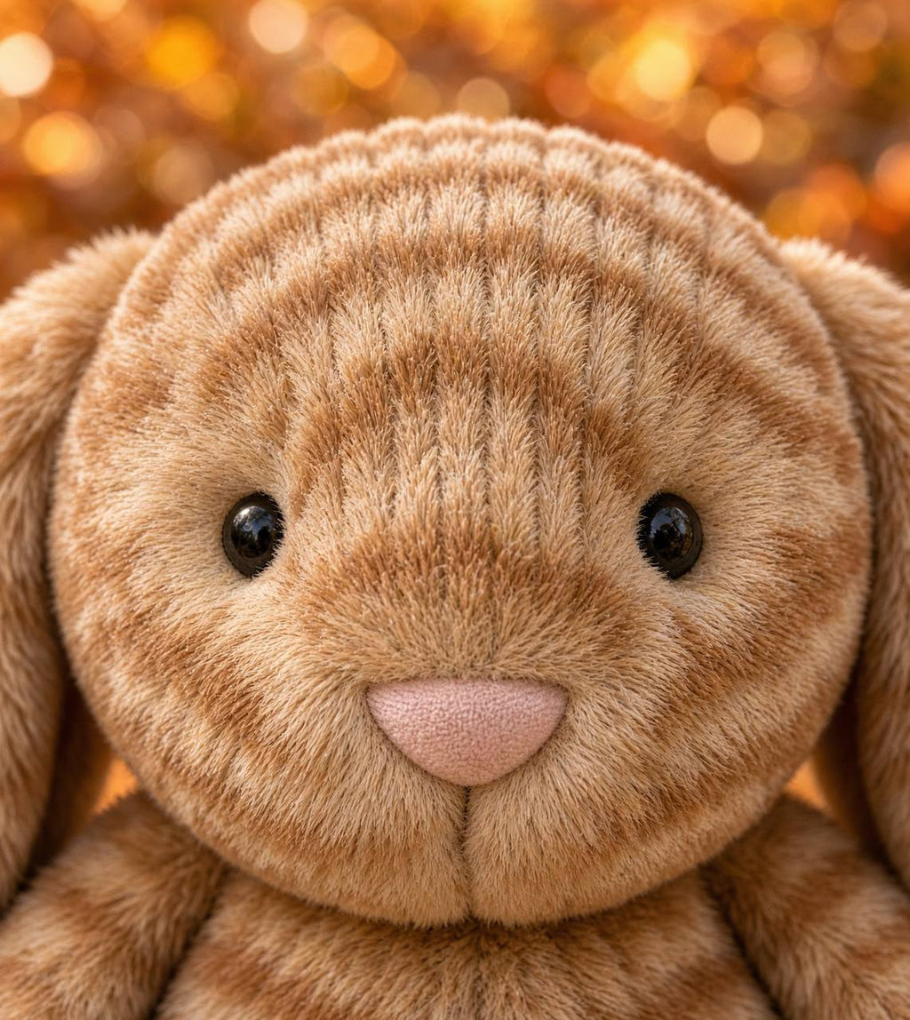 Gros plan visage doudou lapin Praline, museau rose