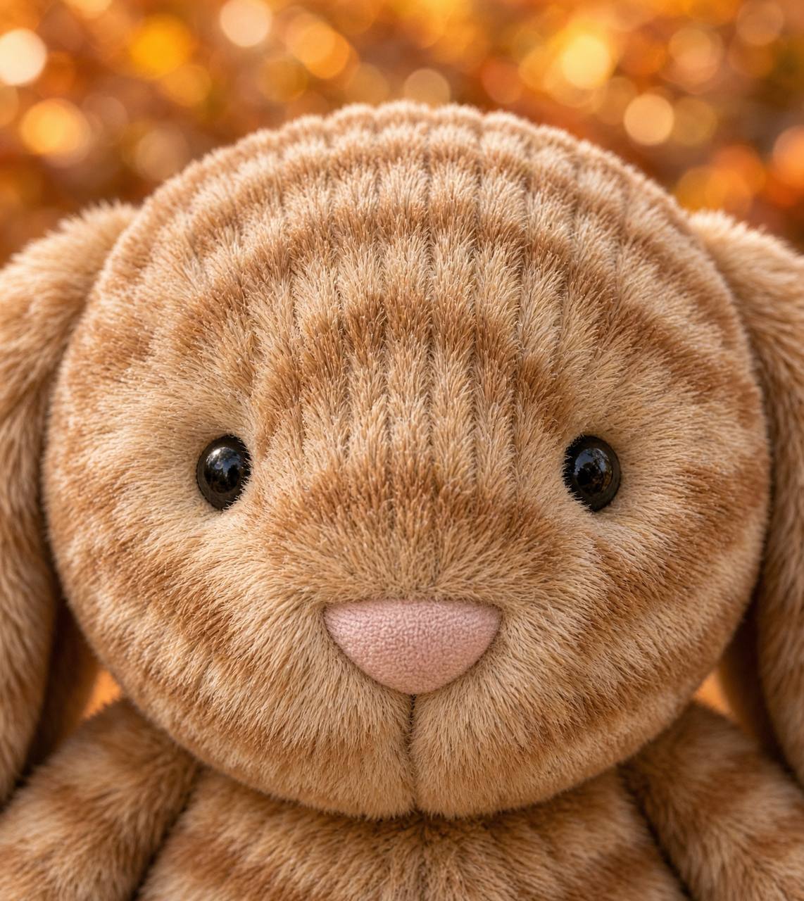 Gros plan visage doudou lapin Praline, museau rose