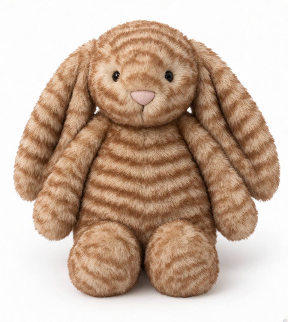 Peluche lapin Praline vue de face, fourrure caramel rayée