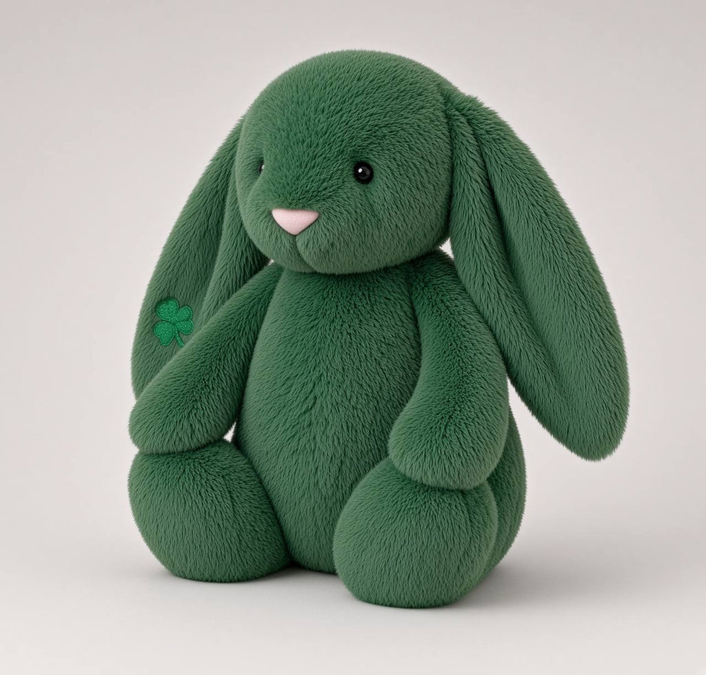 Doudou lapin Pistache vue trois-quarts avec trèfle brodé