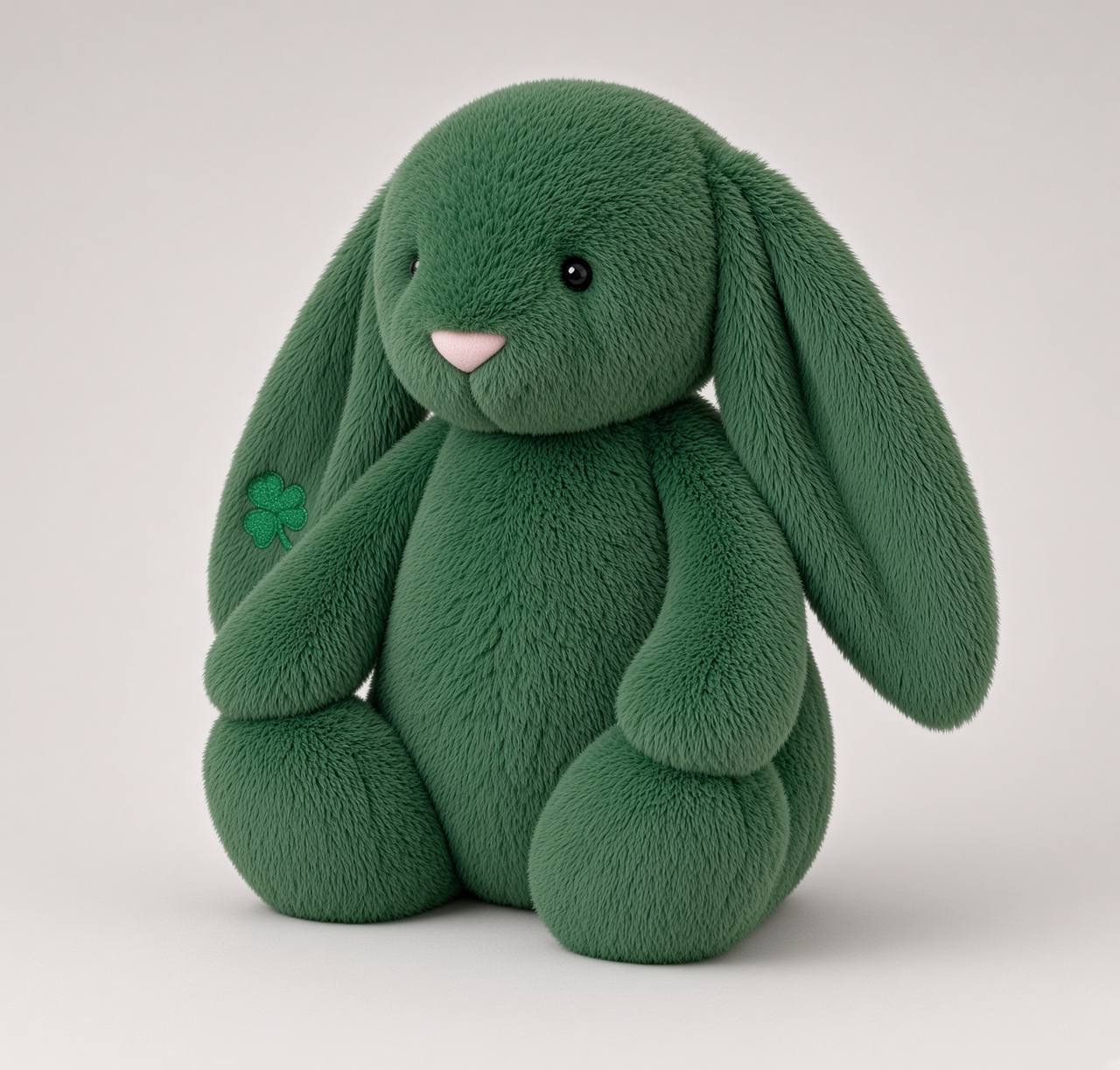 Doudou lapin Pistache vue trois-quarts avec trèfle brodé